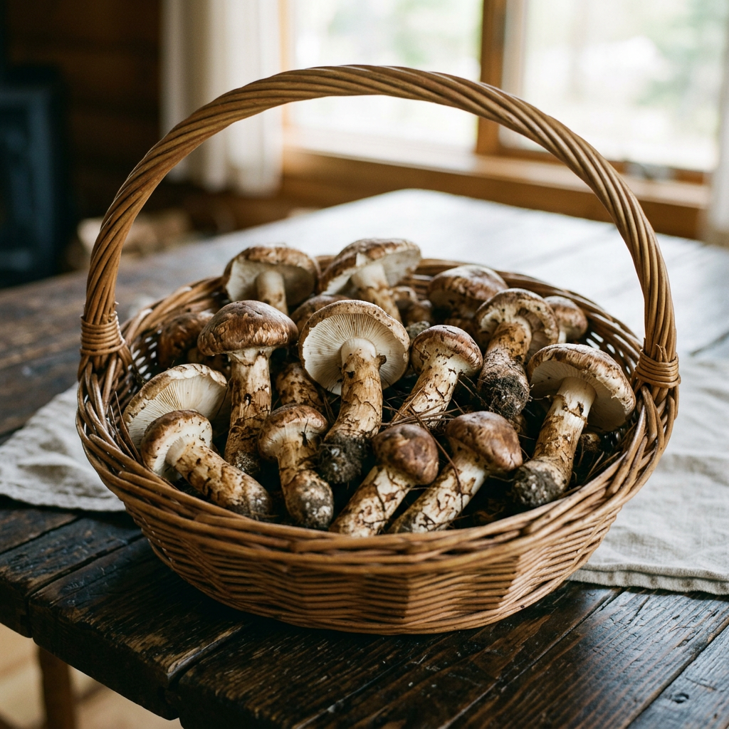 Basket filled with freshly picked brown wild mushrooms on a wooden table