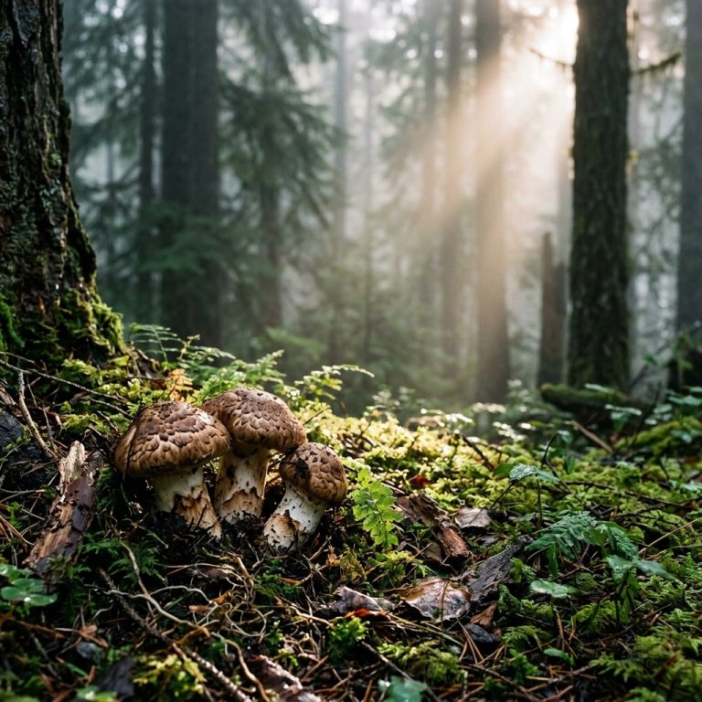 Cluster of brown mushrooms on green moss with sunlight filtering through forest trees